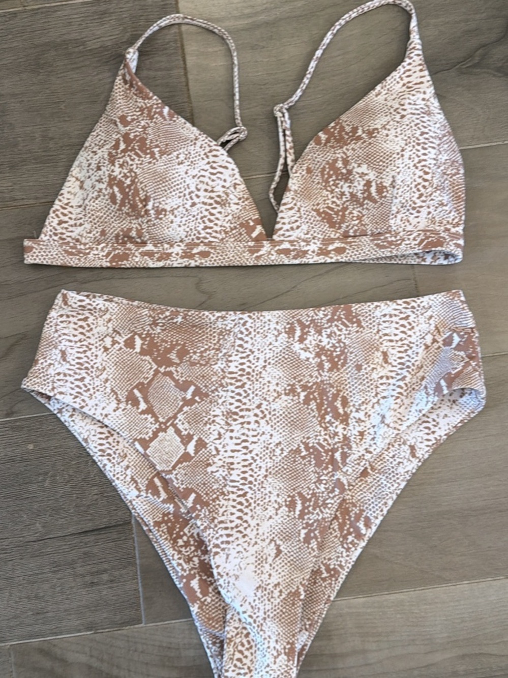 Snake Print Bikini Set in Beige & White, Sz L